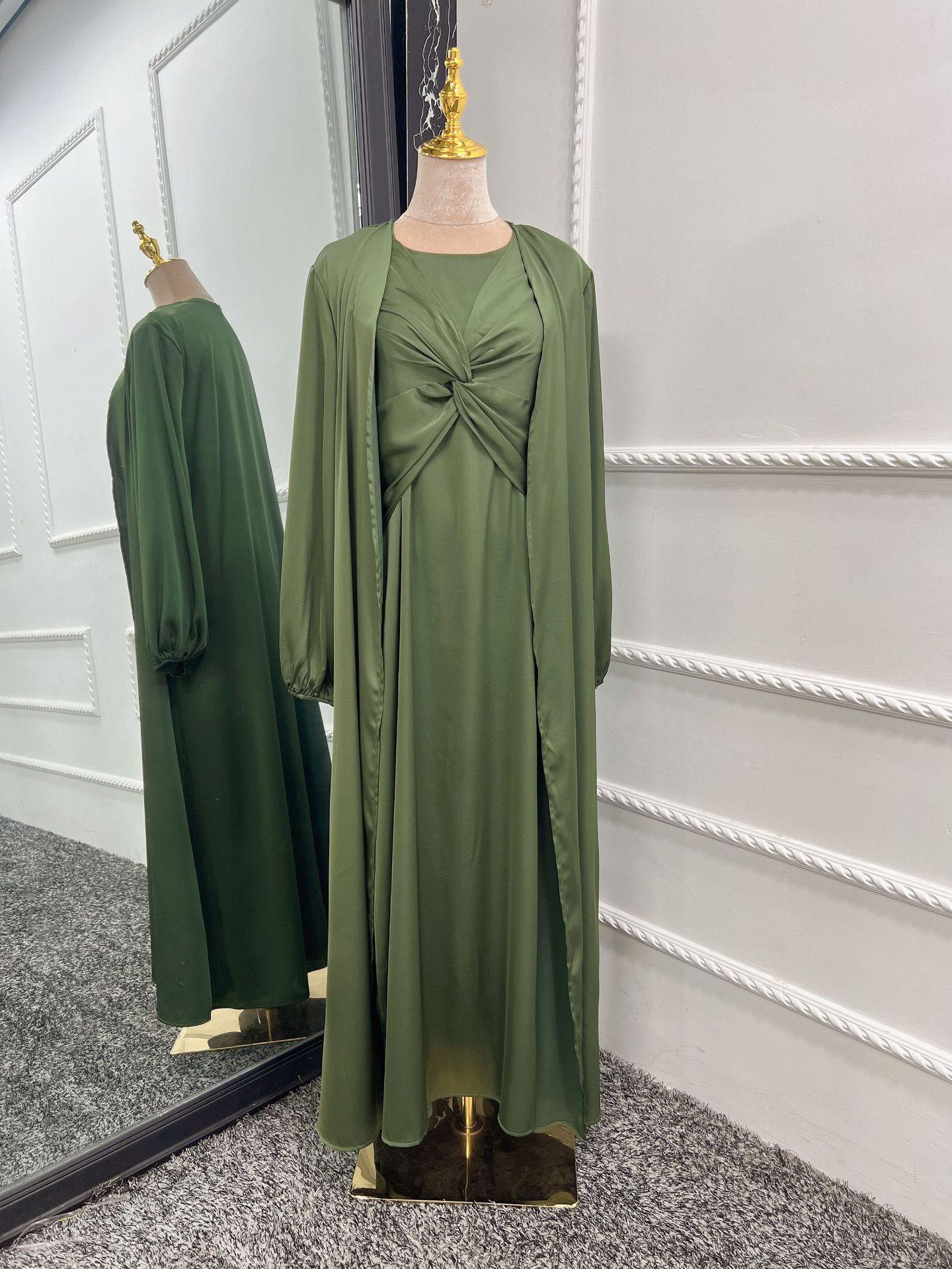 LUMAYA10061 Fashion solid colour two-piece dress cardigan set Abaya