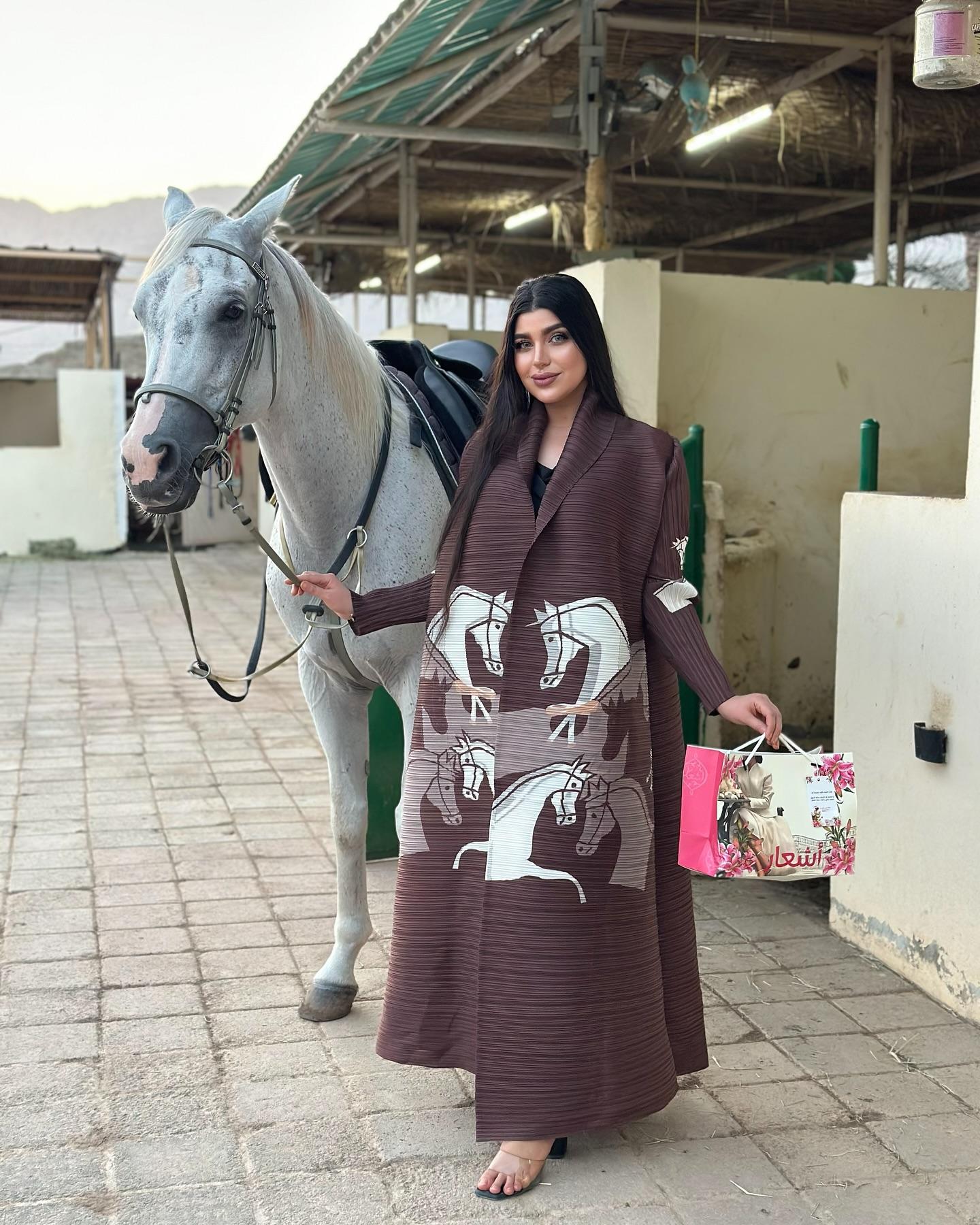 LUMAYA6718 Questrian Elegance | Brown Abaya with Horse Motifs
