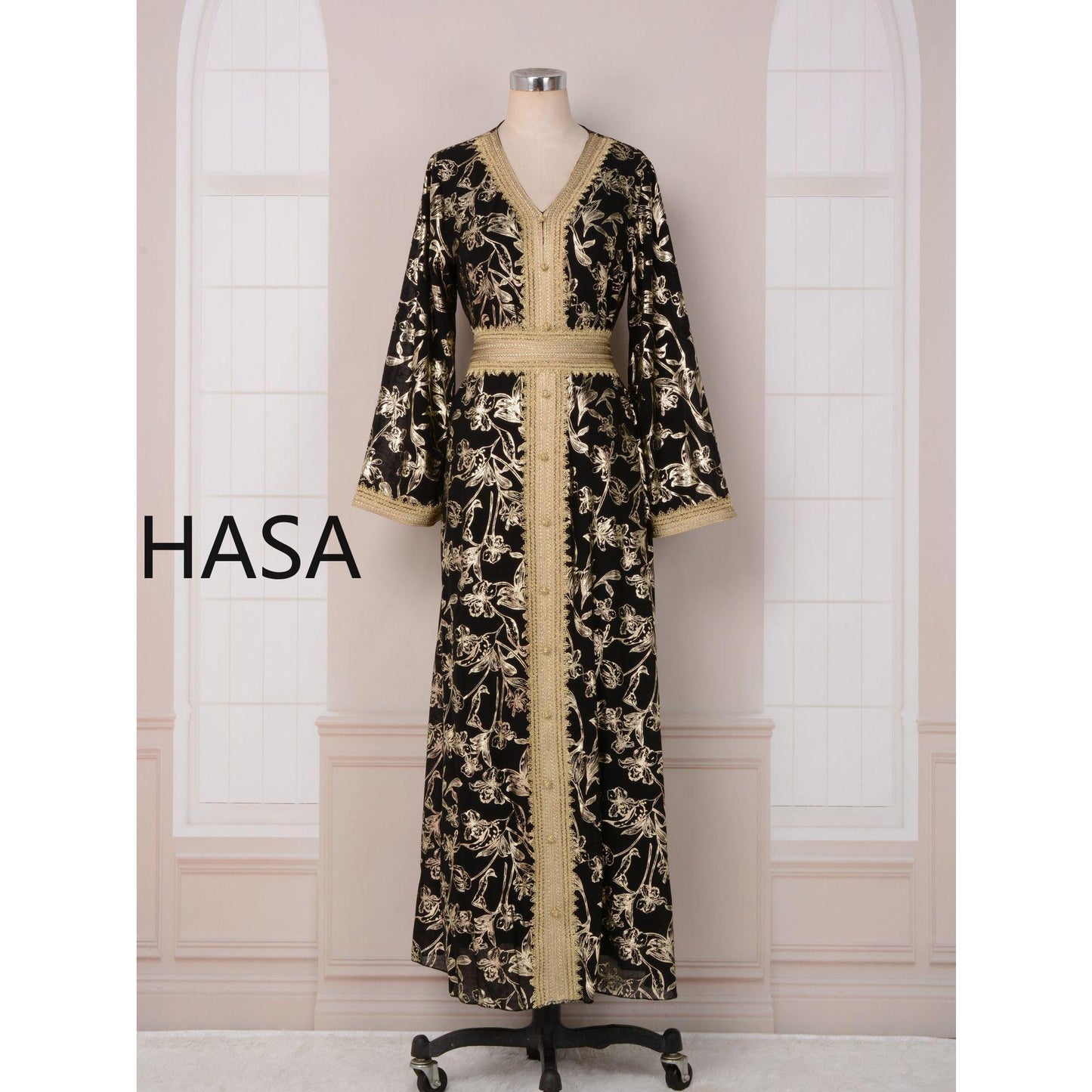 LM1249 Elegant Floral Abaya with Golden Detailing