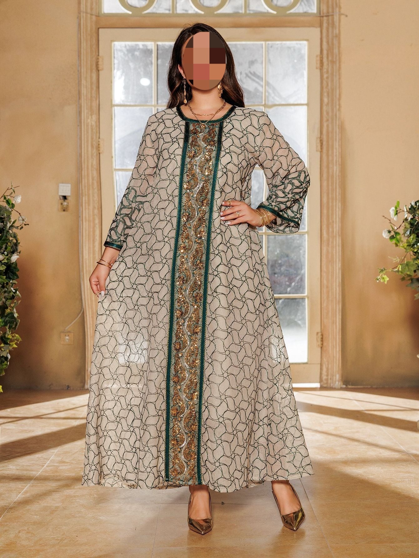 LM6668 A Simple and Elegant Long Dress Adorned with Mesh Embroidery.