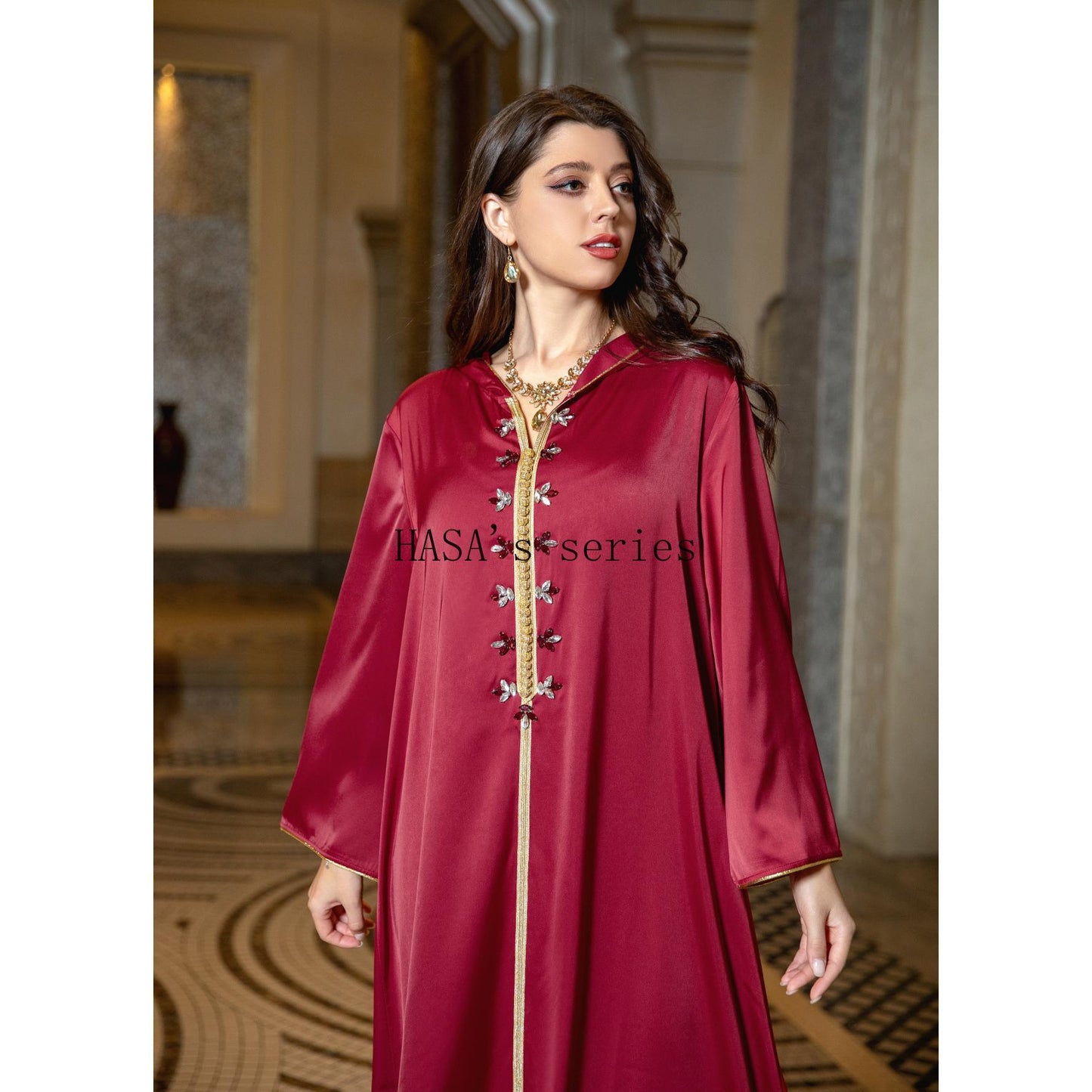 LMSA's Series  LM1231 Jeweled Ribbon Satin Home Dress Abaya
