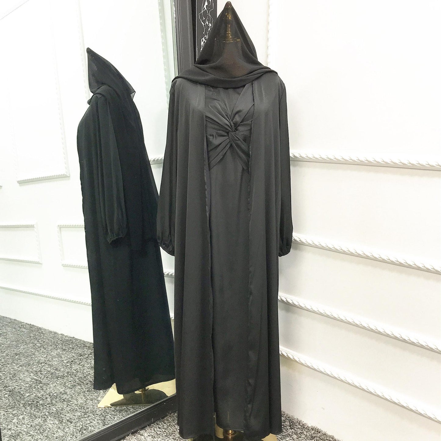 LUMAYA10061 Fashion solid colour two-piece dress cardigan set Abaya