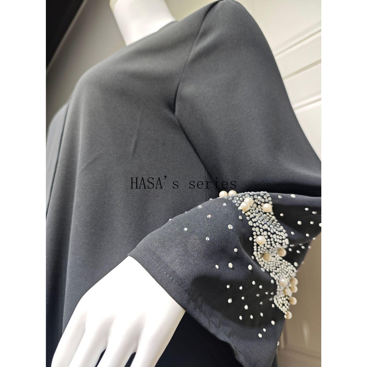 LUMAYA5097 Elegant Black Rhinestone-embellished Gown, Two-piece Beaded Set with Headscarf.