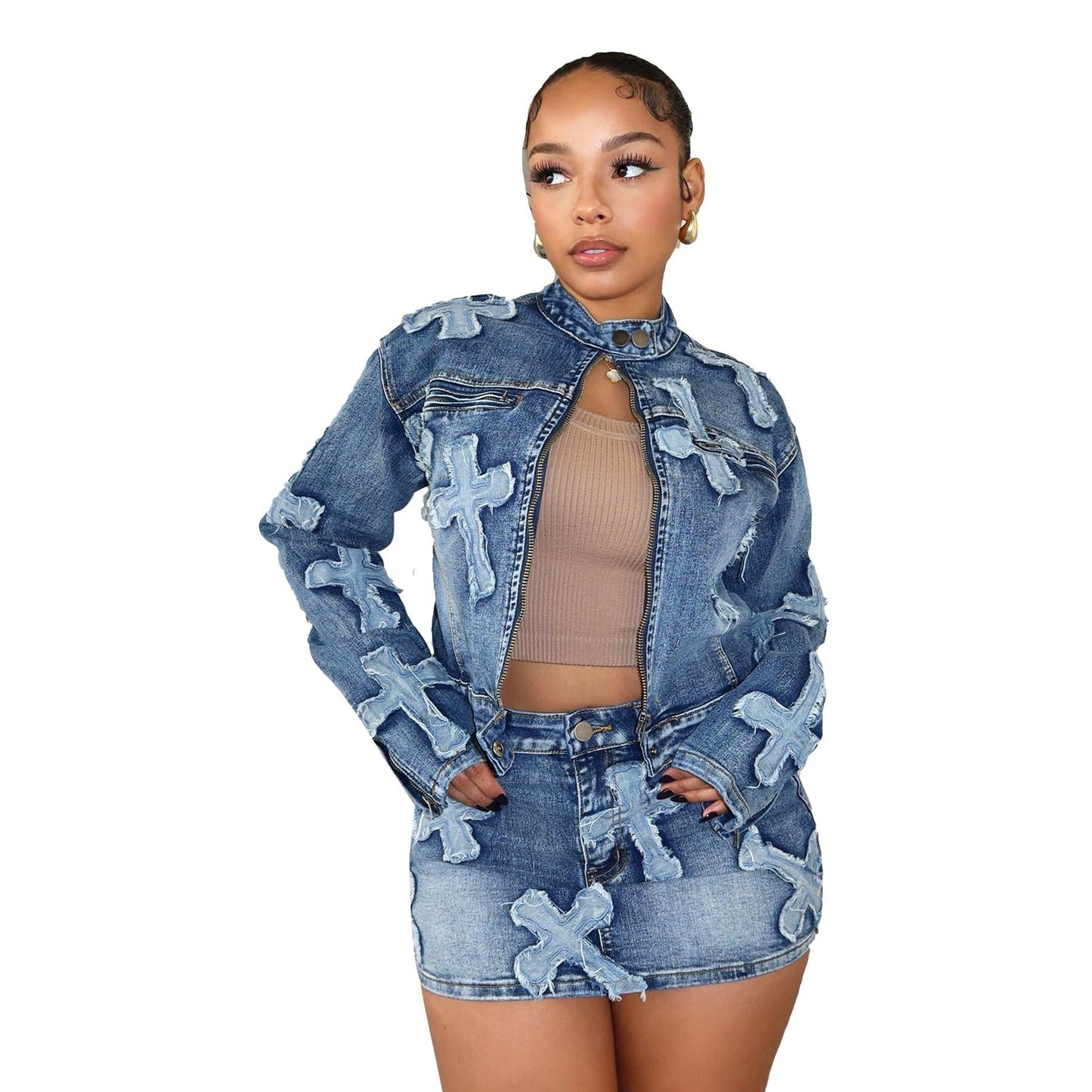LUMAYA6391 Primavera Nuovo Set Gonna in Denim Set Giacca Gonna Ricamata in Denim