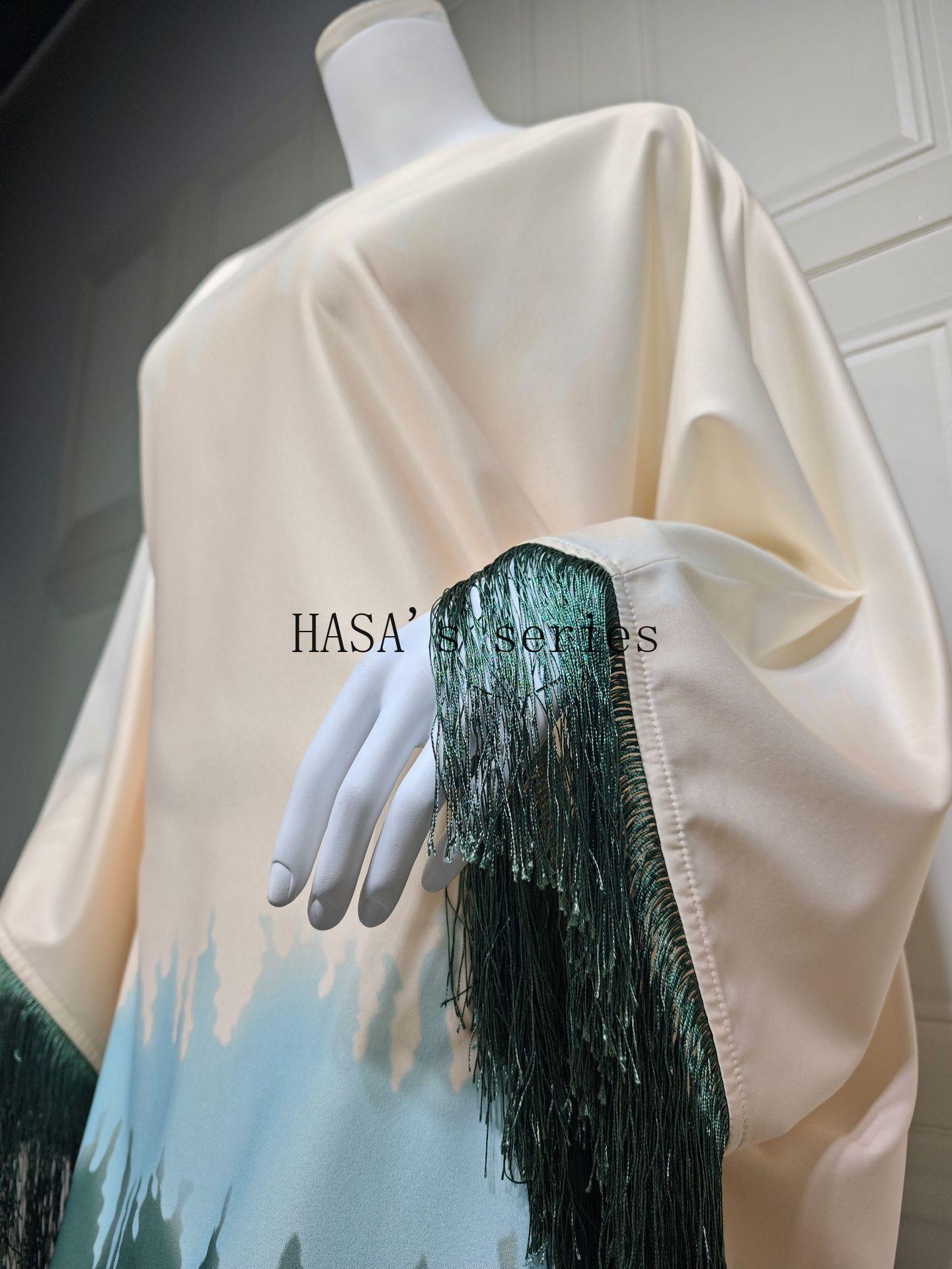 LUMAYA5095 Romantic Gradient Fringed Robe, Elegant Printed Long Dress