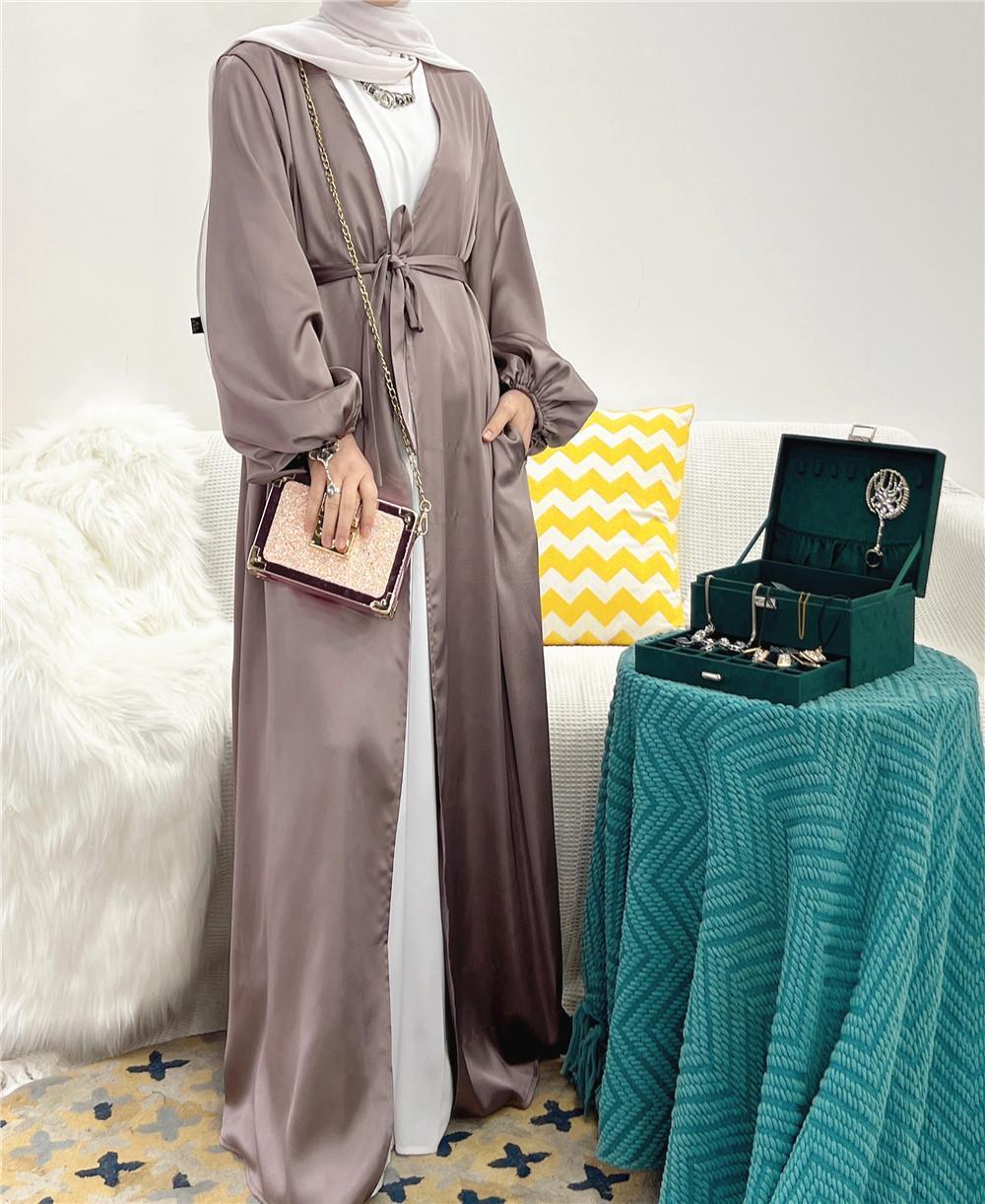 LUMAYA0481 Solid Color Satin Coat Robe Open Abaya