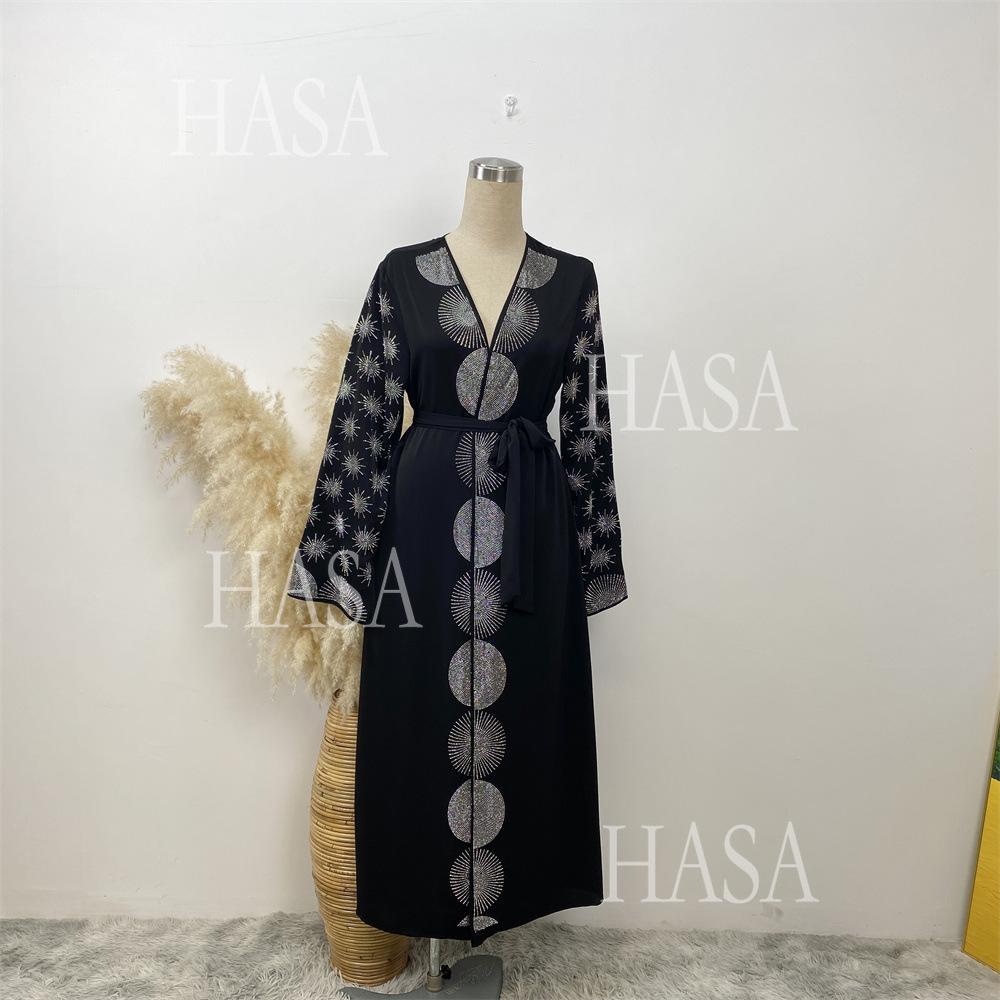 LM6588 Black Cardigan Dress with Rhinestone Embellishment and Pockets