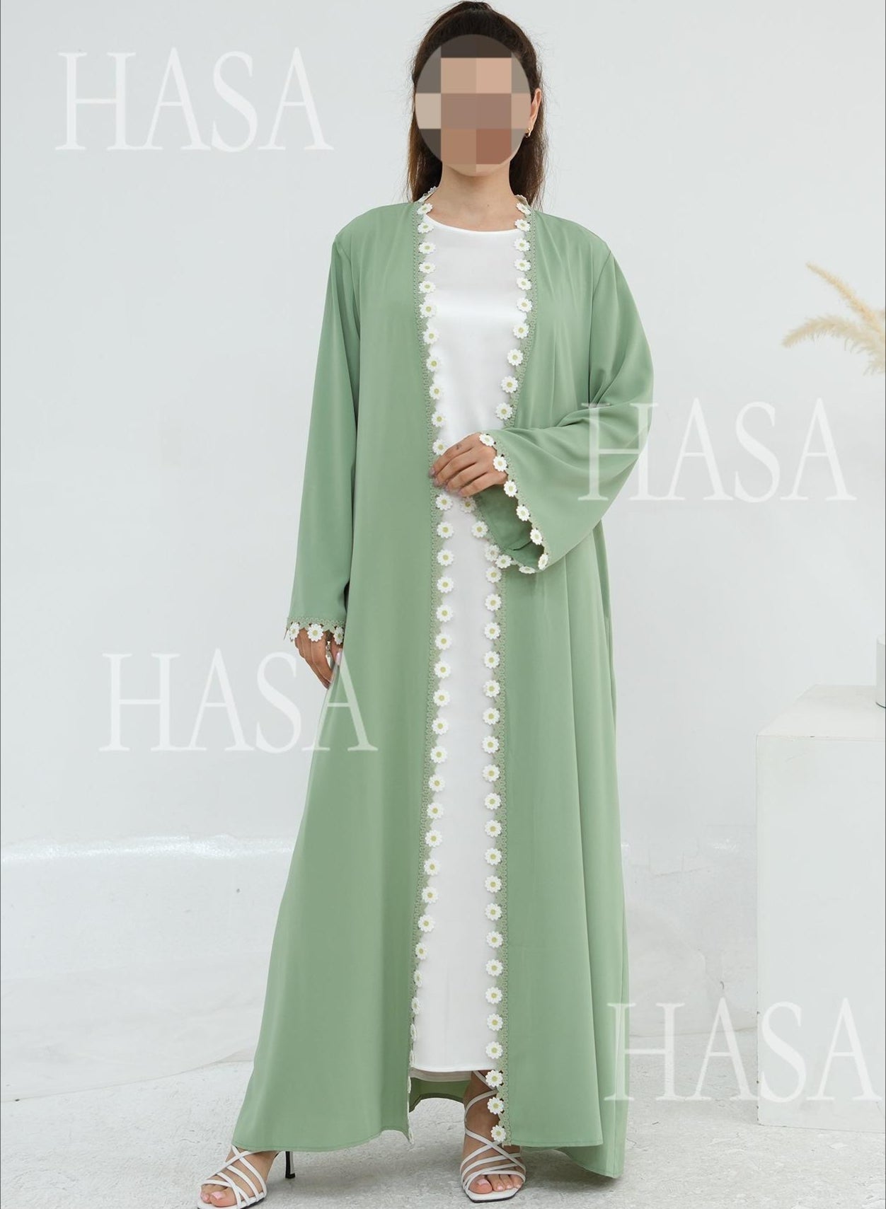 LM6616 Green Flower Stitching Cardigan Two-Piece Set (Including Headscarf)