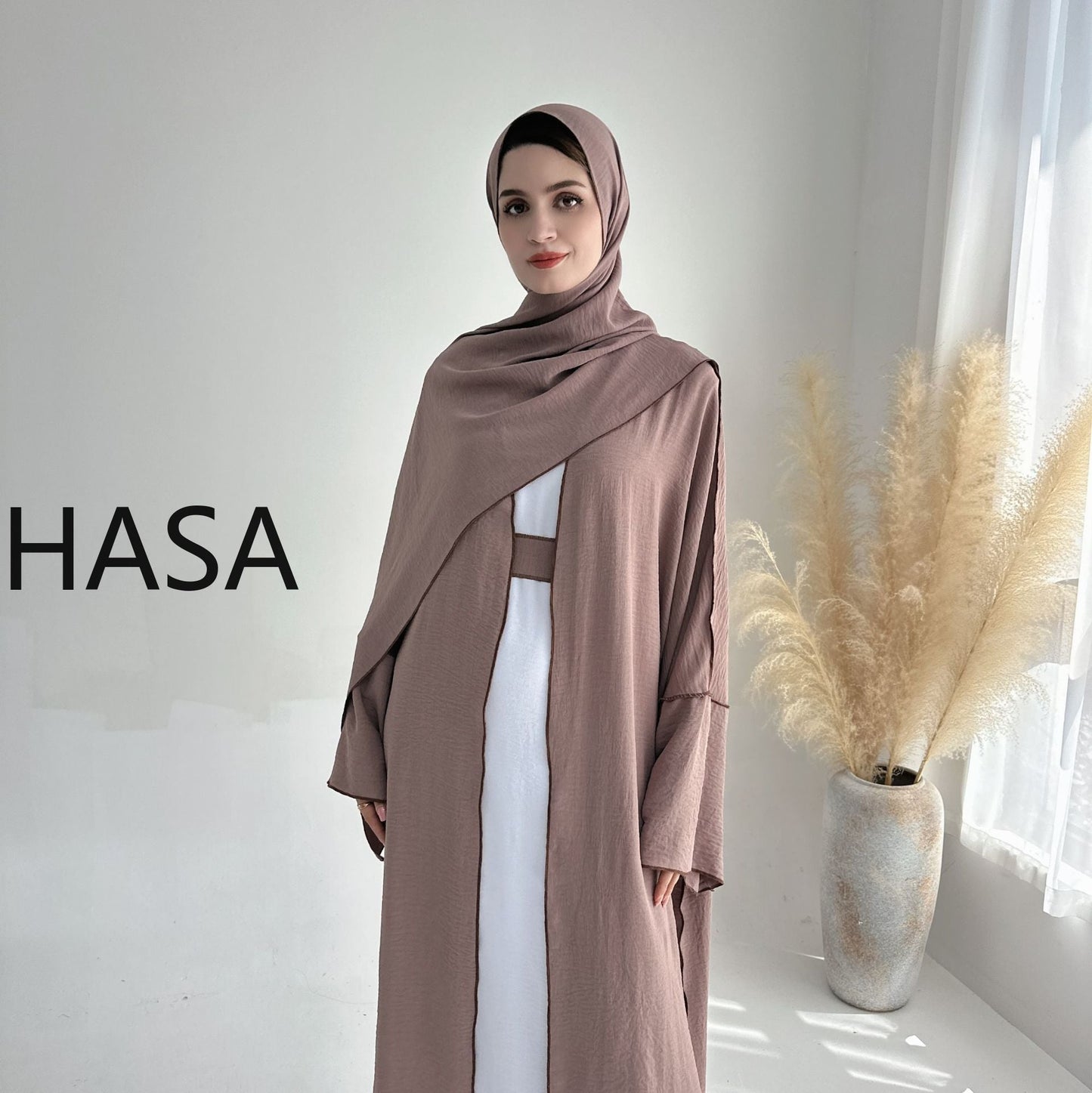 LMSA LM1246H 2 PCS SET Crepe Solid Color Loose Hem Cardigan Robe with Hijab