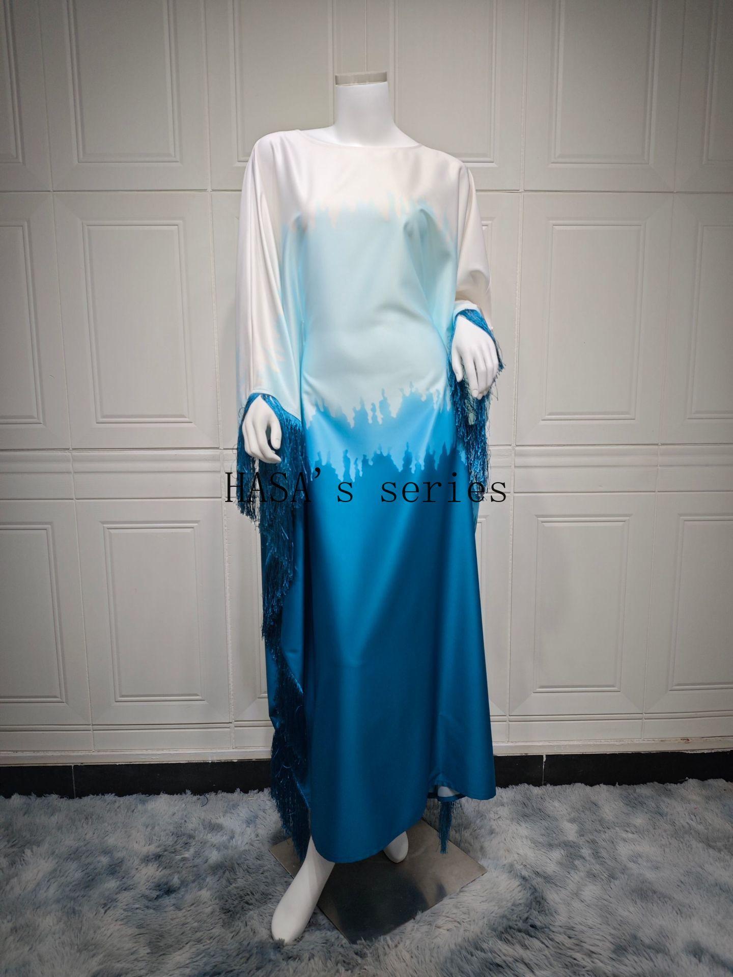 LUMAYA5095 Romantic Gradient Fringed Robe, Elegant Printed Long Dress