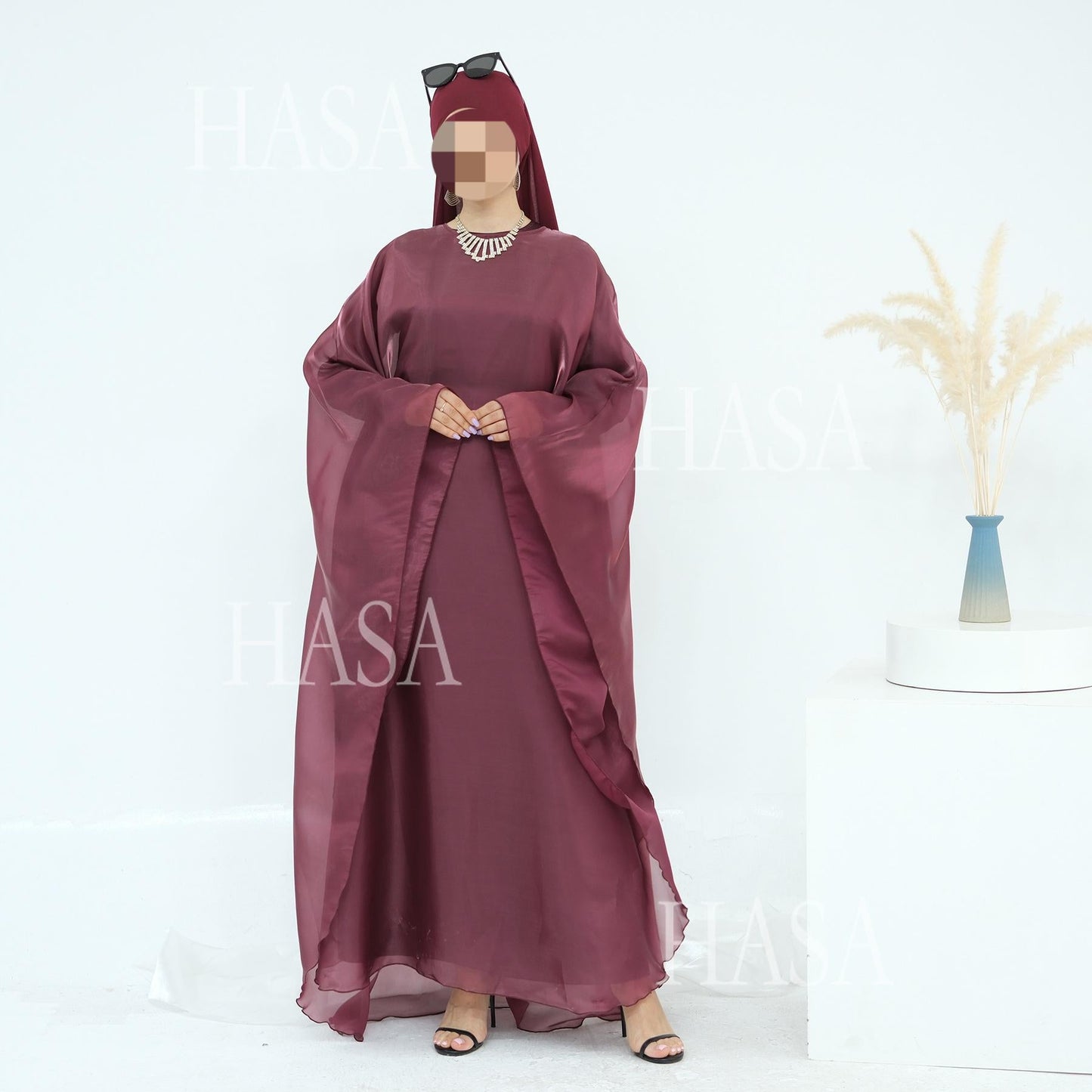 LUMAYA6524 Elegant two-piece solid-color robe and dress with optional headscarf