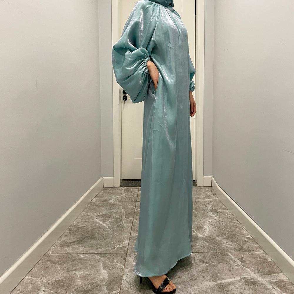 LUMAYA10043 LUMAYA  Large Lantern Sleeves Long Bright Silk Dress Stand Up Collar Back Tie Women's Dress Abaya