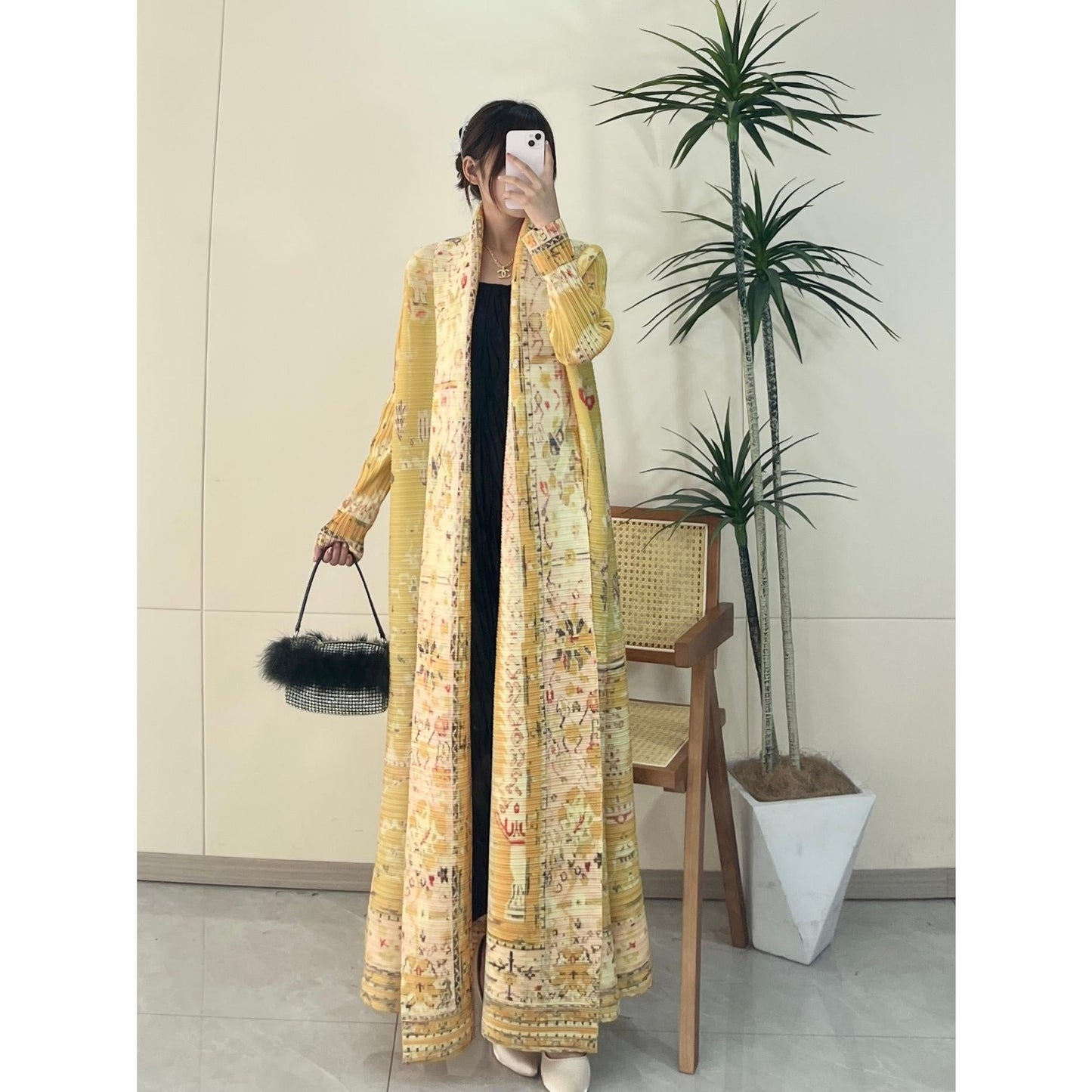LUMAYA5843 Retro Warm Yellow Floral Textured Open-front Long Coat