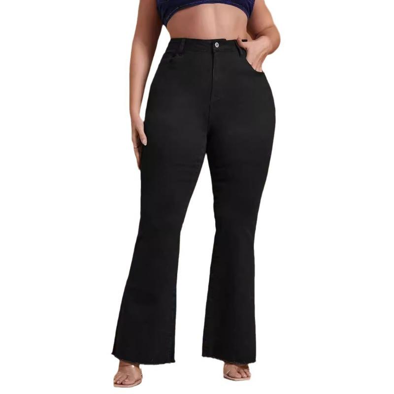 LUMAYA2331 Plus Size Black Stretchy Frayed-hem Wide-leg Flare Jeans