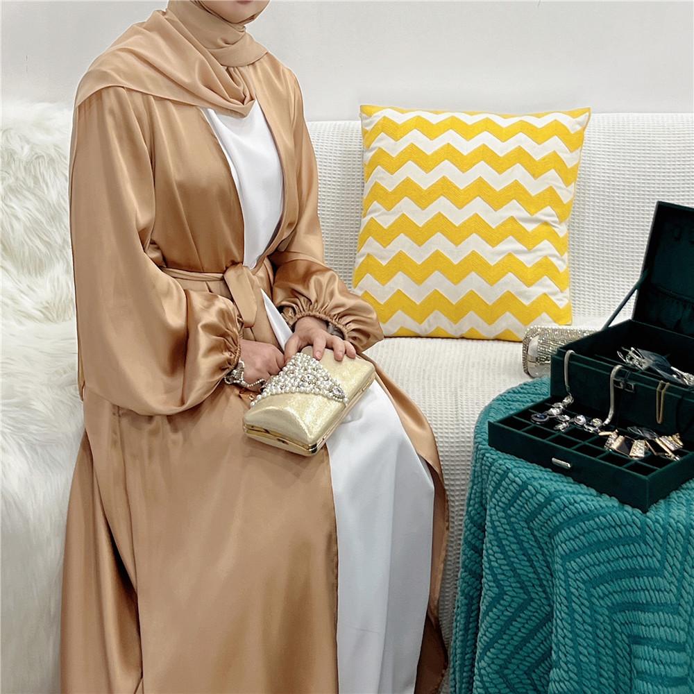 LUMAYA0481 Solid Color Satin Coat Robe Open Abaya