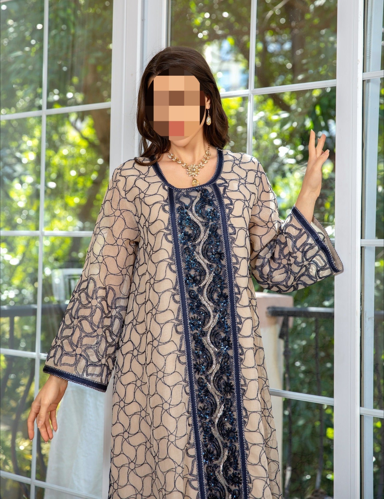 LM6668 A Simple and Elegant Long Dress Adorned with Mesh Embroidery.