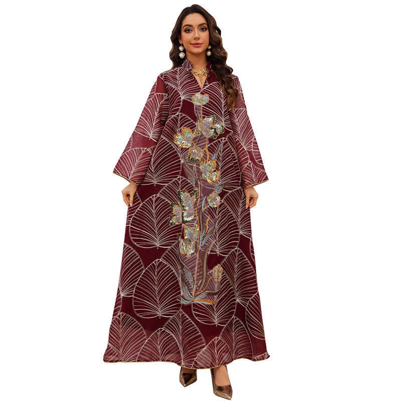 LM6657 Women's Long Robe Dress with Mesh Embroidery