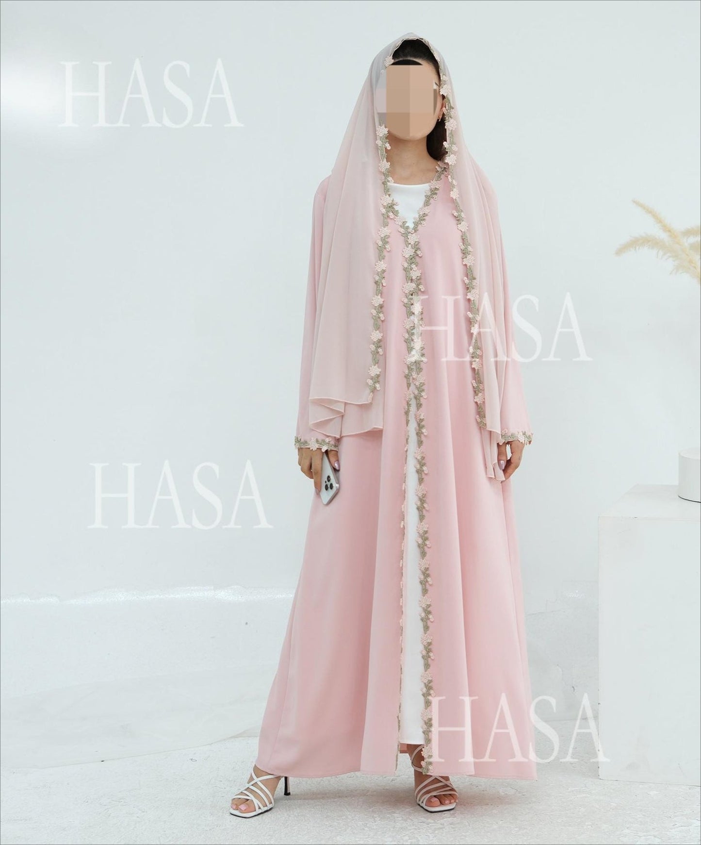 LM6618 Pink Flower Stitching Cardigan Two-Piece Set (Including Headscarf)