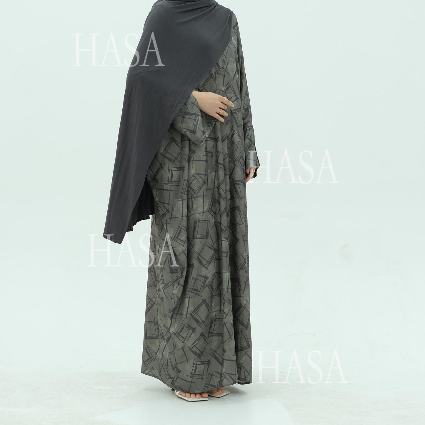 LUMAYA6504 Grey geometric print long cardigan Abaya (headscarf not included)