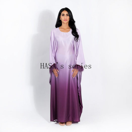 LUMAYA5111 Gradient-colored Fringed Long Dress, Romantic Dress with Batwing Sleeves.