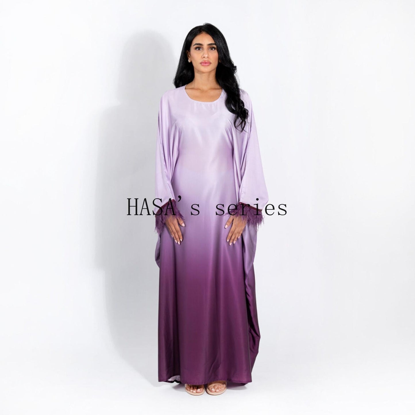 LUMAYA5111 Gradient-colored Fringed Long Dress, Romantic Dress with Batwing Sleeves.