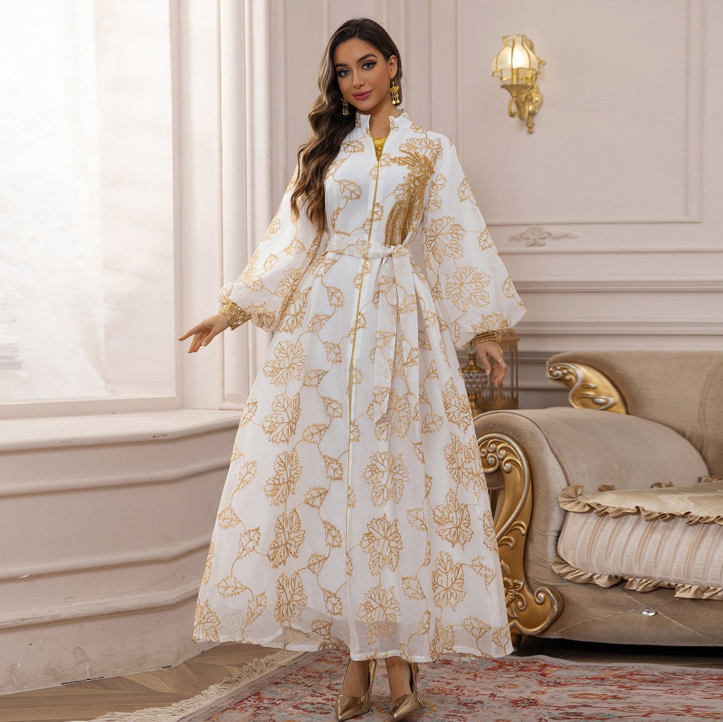 LM6651  Floral Print Long Dress, Elegant Stand-up Collar Evening Gown