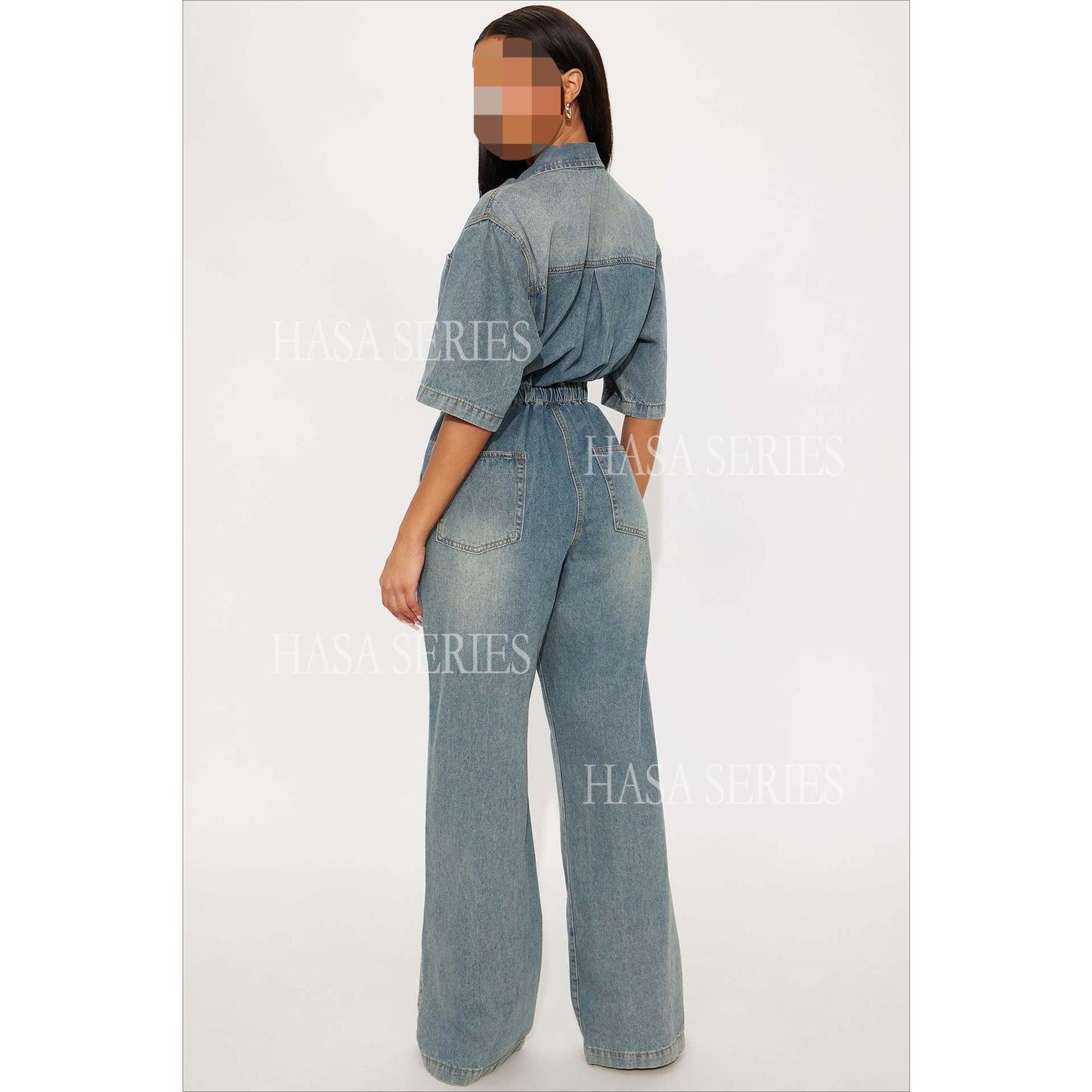 HASASERIES HS6686 Washed Denim Slim-fit Flared Jumpsuit