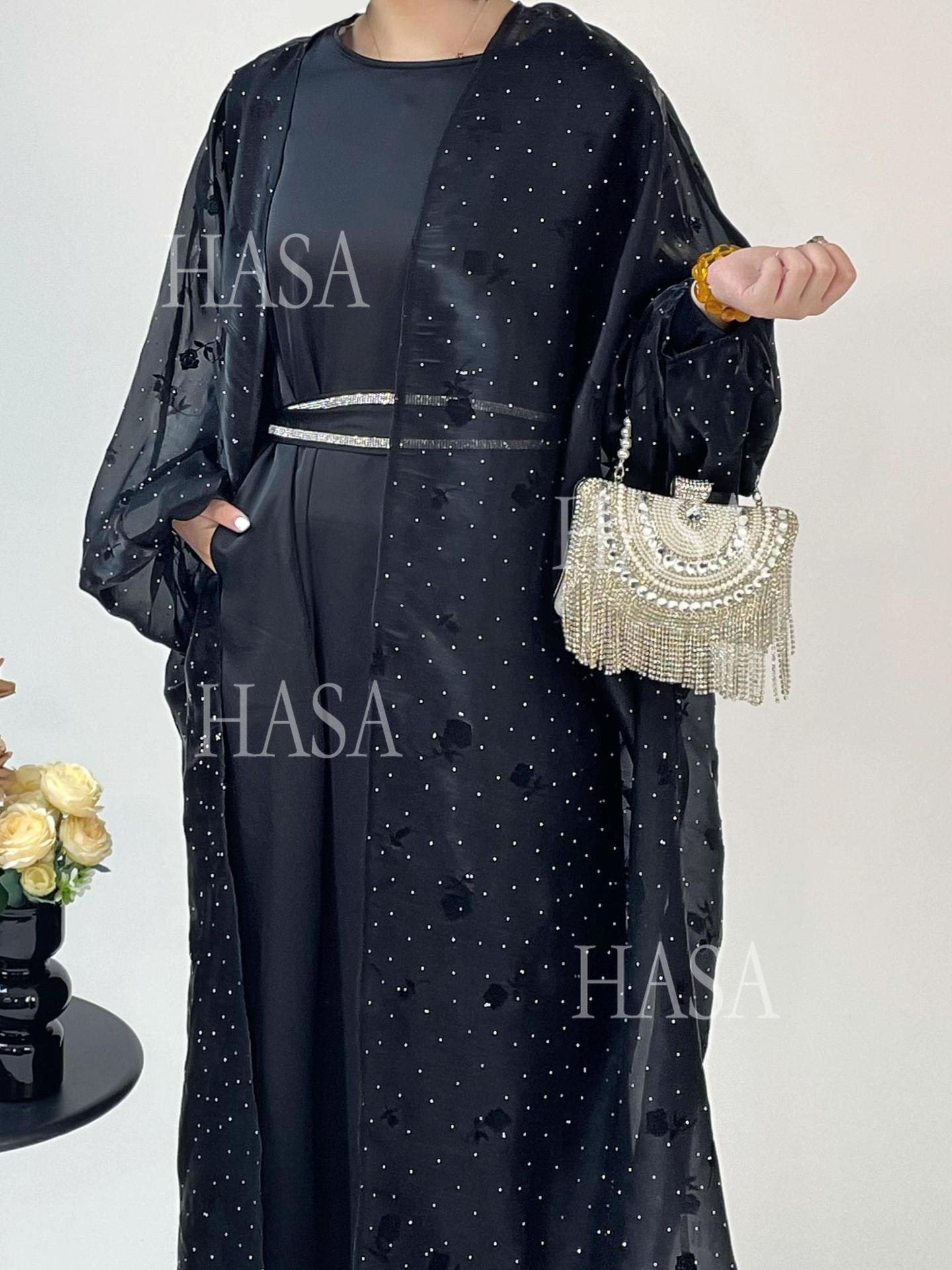 LUMAYA6536 Elegant Rose Pattern Abaya Outer Dress Set