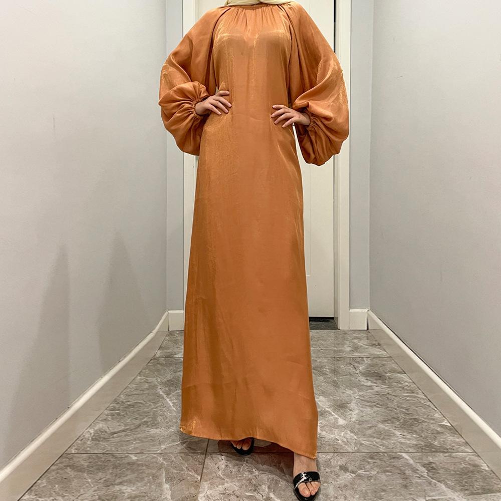 LUMAYA10043 LUMAYA  Large Lantern Sleeves Long Bright Silk Dress Stand Up Collar Back Tie Women's Dress Abaya