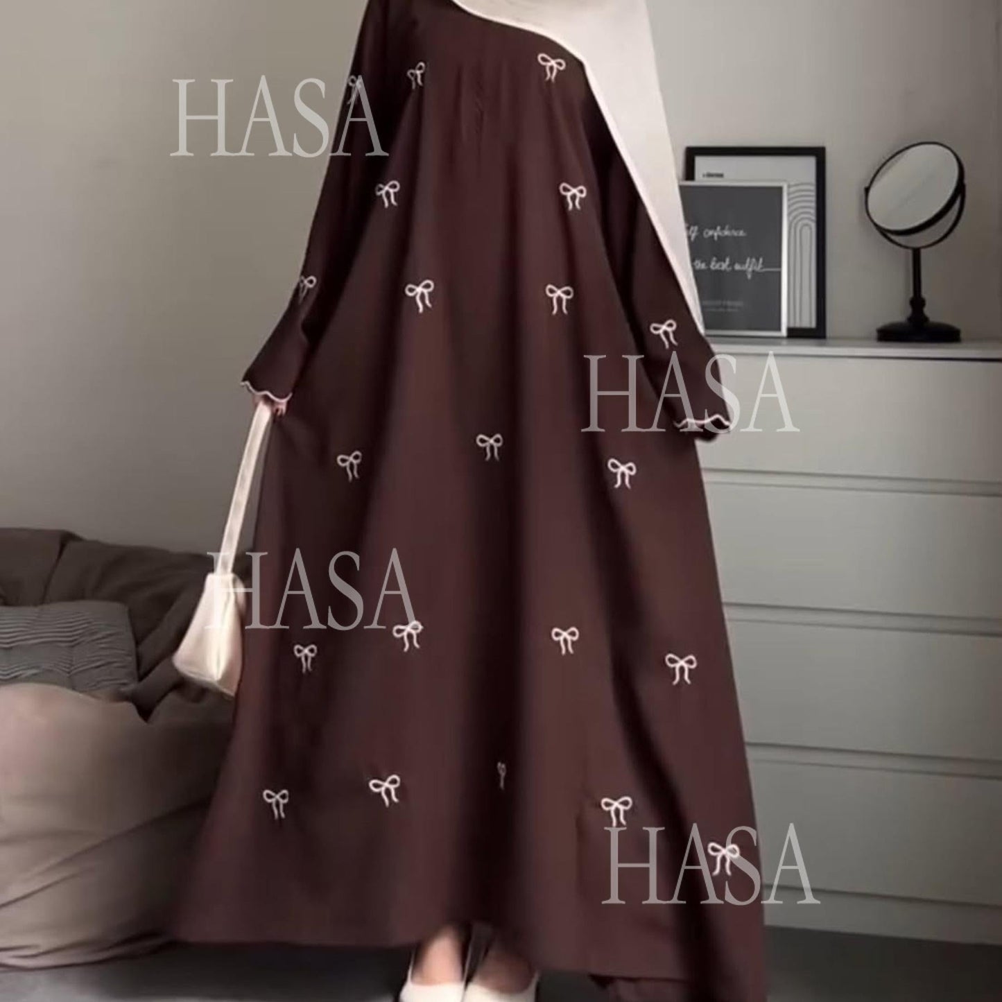 HA6558 Bow Embroidered Long Sleeve Dress - Swing Fashion Style