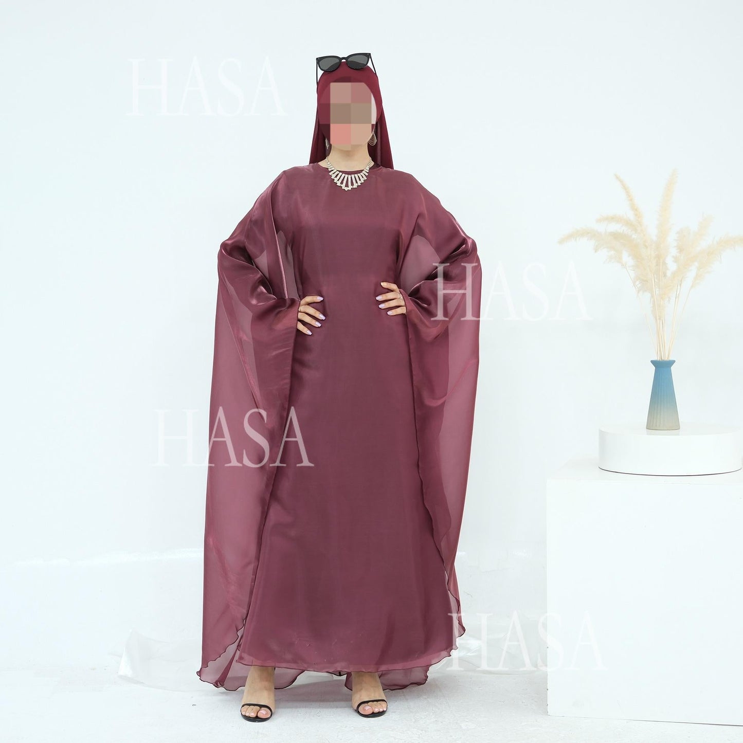 LUMAYA6524 Elegant two-piece solid-color robe and dress with optional headscarf