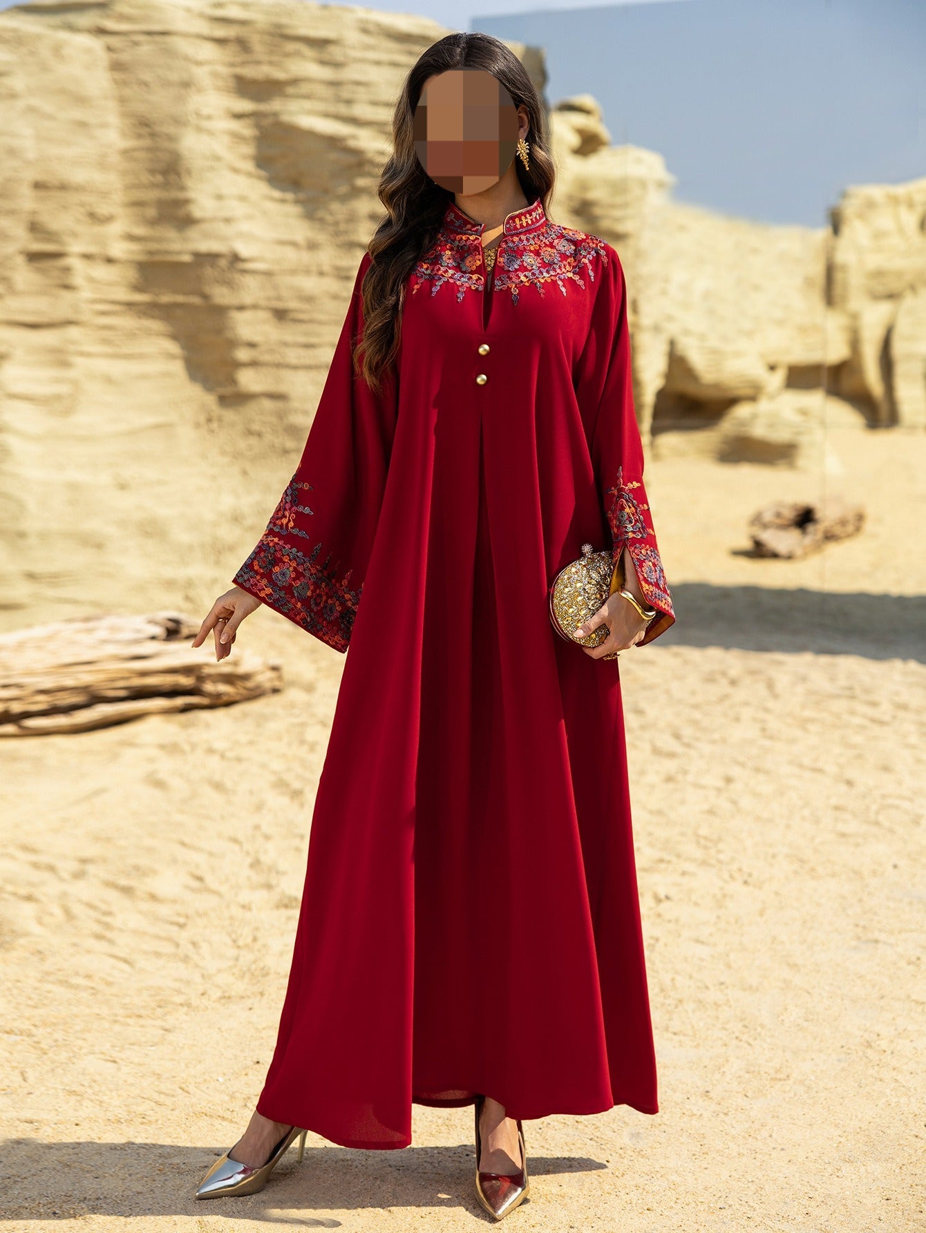 LM6655 Embroidered loose-fitting long dress | Soft drape and delicate cuff design
