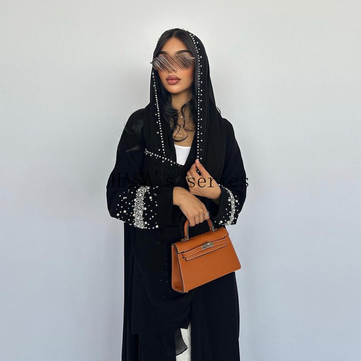 LUMAYA5097 Elegant Black Rhinestone-embellished Gown, Two-piece Beaded Set with Headscarf.