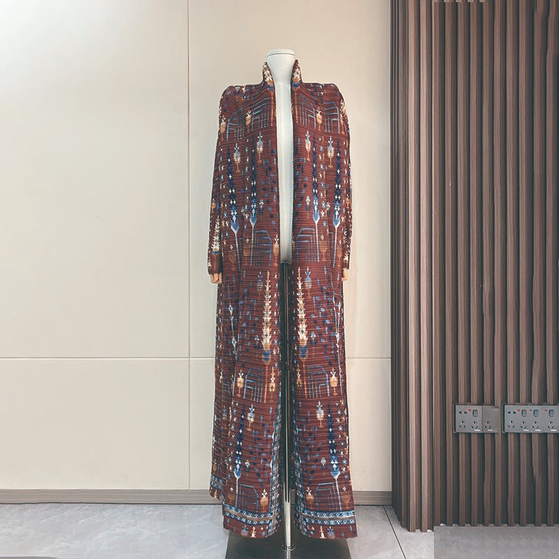LUMAYA5848 Retro Brown Textured Open-front Long Coat