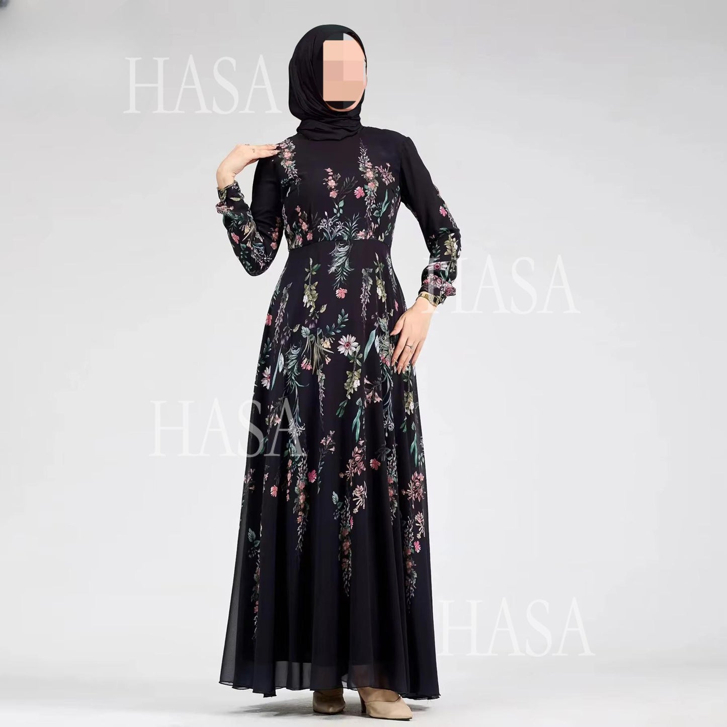 LUMAYA6531 Chiffon Printed Ankle-Length Maxi Dress with Long Sleeves