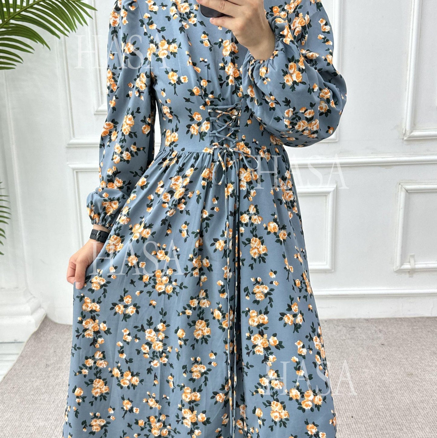 LUMAYA6489 Long-sleeved Floral Maxi Dress with Natural Waist