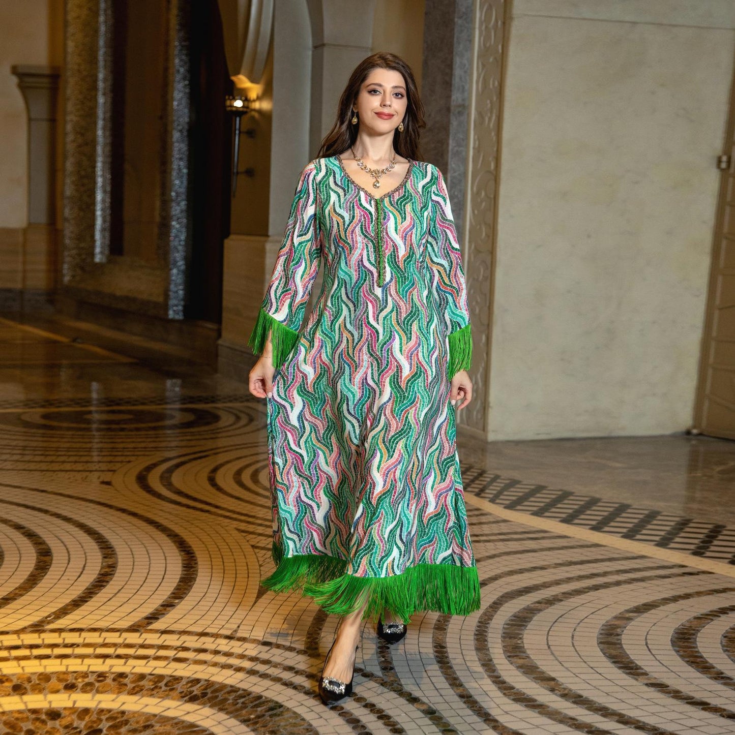 LUMAYA LUMAYA0521 Middle East Arab Dubai Muslim Robe Ladies Printed Casual Jalabiya Ethnic Clothing