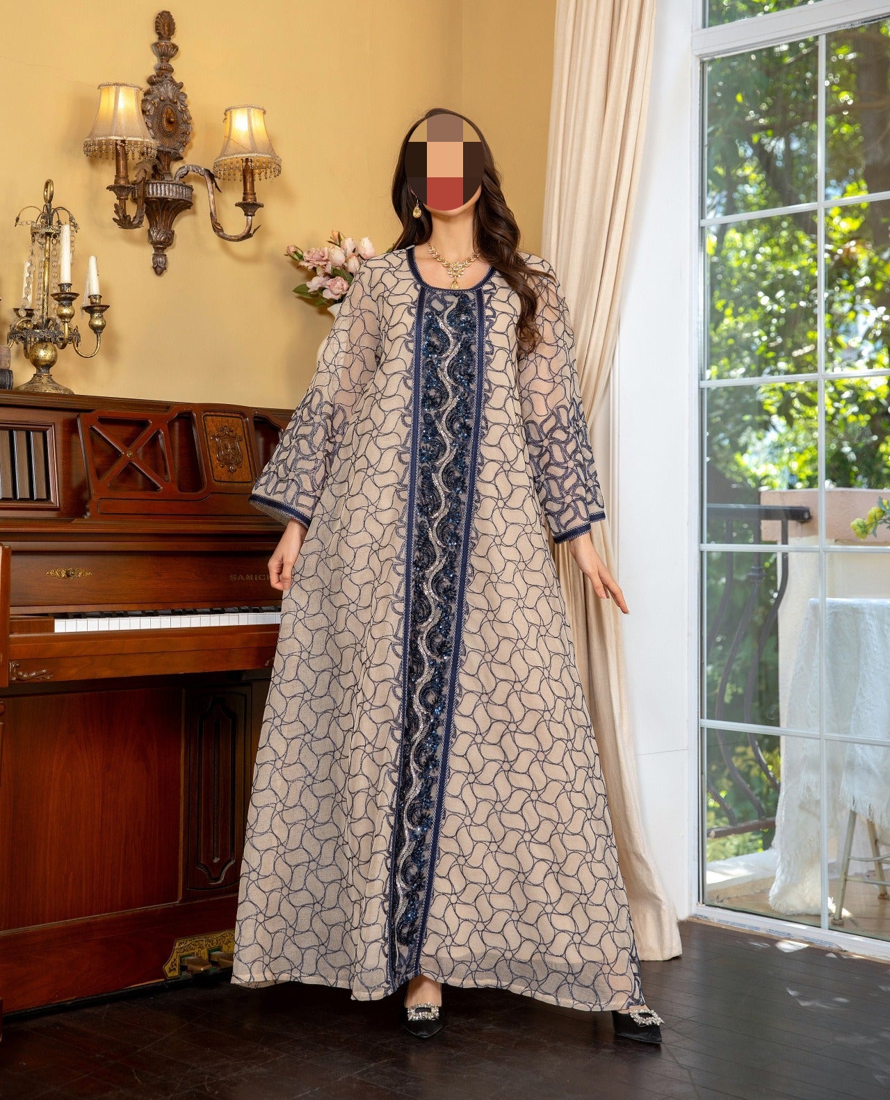 LM6668 A Simple and Elegant Long Dress Adorned with Mesh Embroidery.