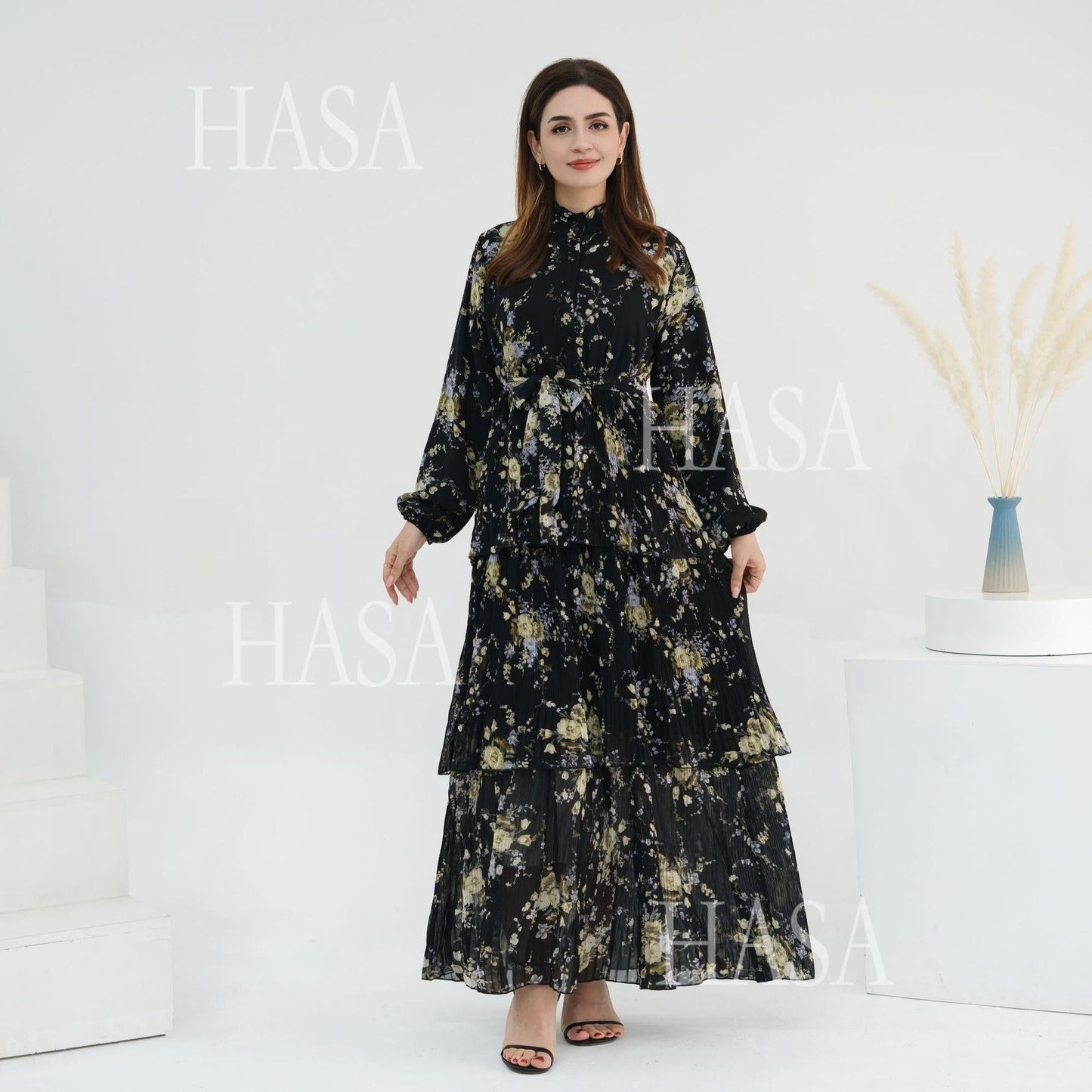 LUMAYA6500  Romantic Layered Print Long Dress