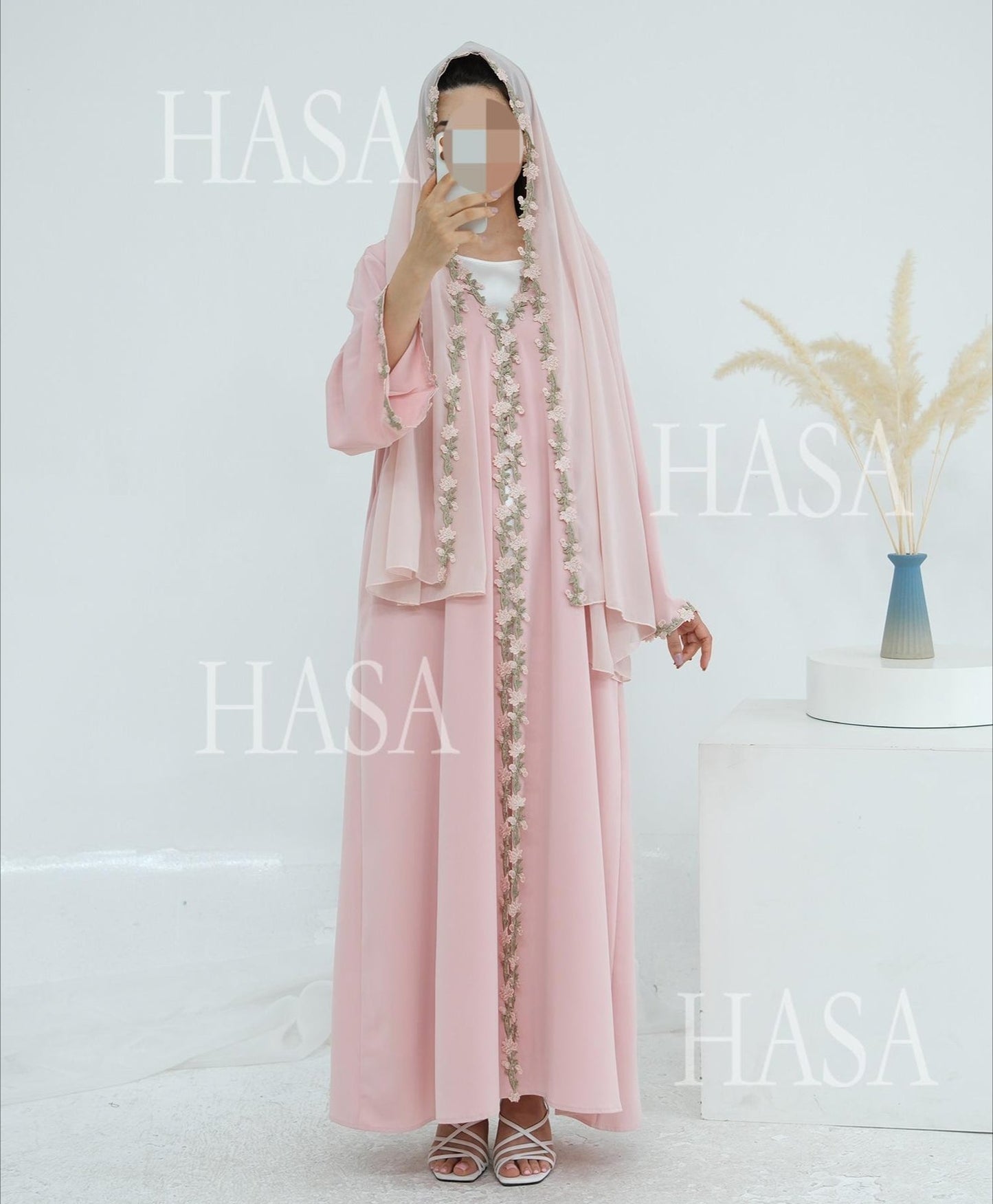 LM6618 Pink Flower Stitching Cardigan Two-Piece Set (Including Headscarf)