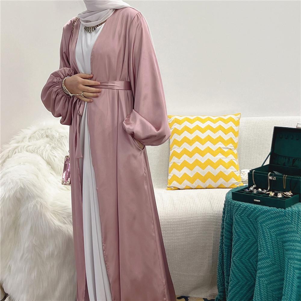 LUMAYA0481 Solid Color Satin Coat Robe Open Abaya