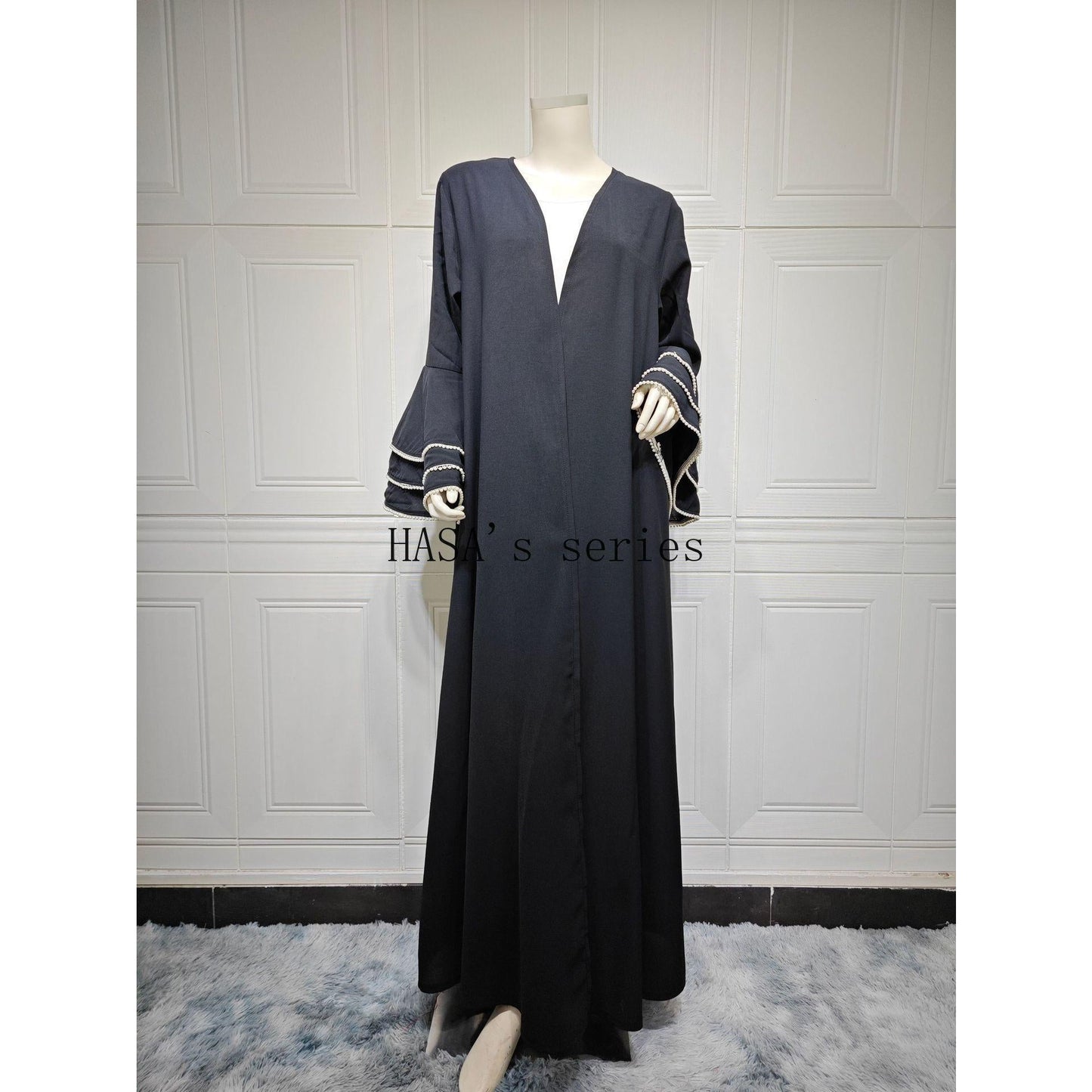 LUMAYA5093 Elegant black cardigan-style long robe with wide sleeves and a round-neck dress design featuring beaded embellishments.