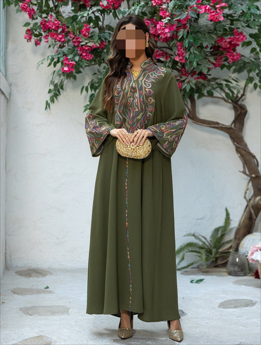 HA6669 Pullover Embroidered Robe Dress with Simple Long Sleeves
