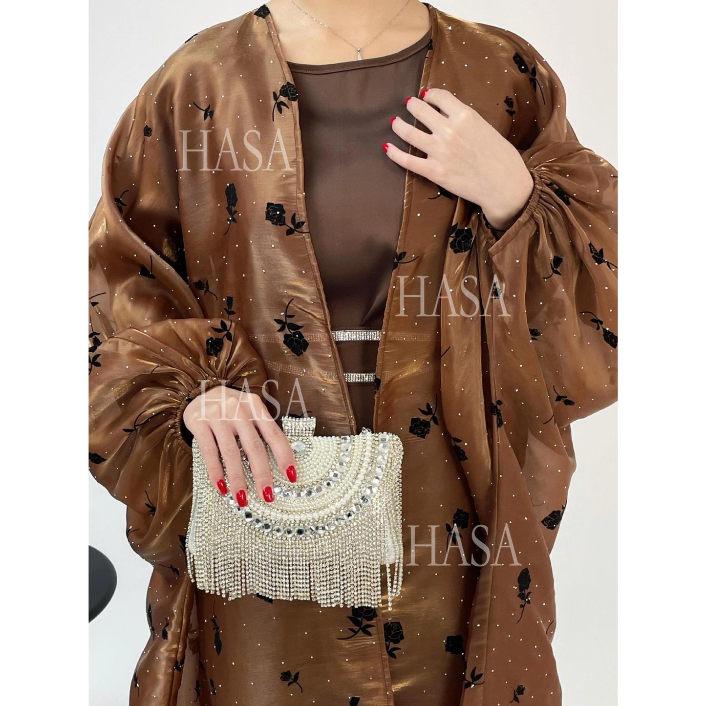 LUMAYA6536 Elegant Rose Pattern Abaya Outer Dress Set