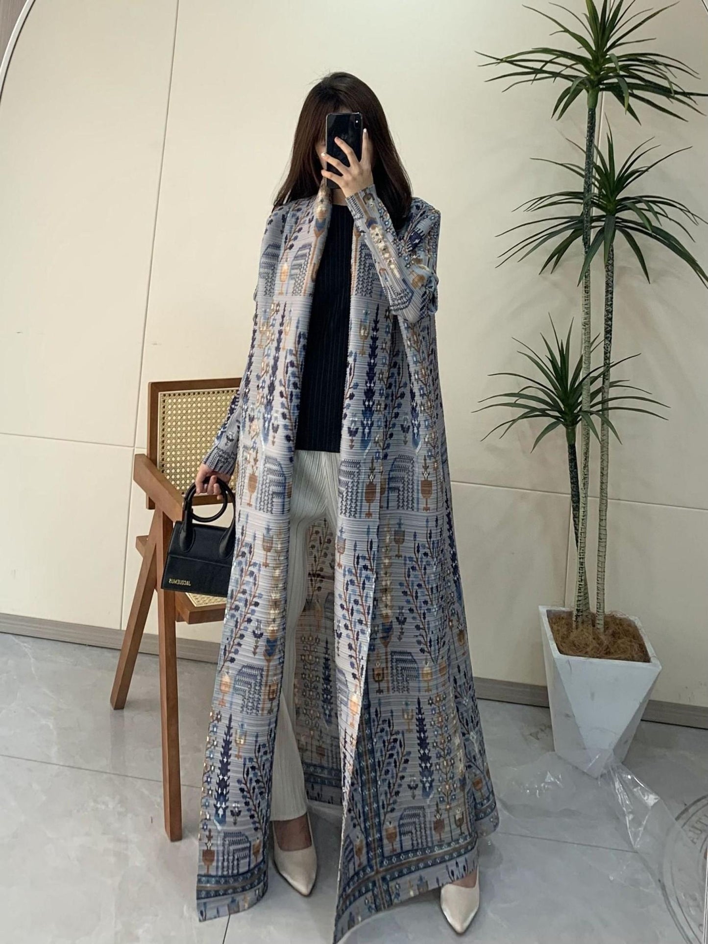 LUMAYA5842 Vintage-style Textured Open-front Long Coat