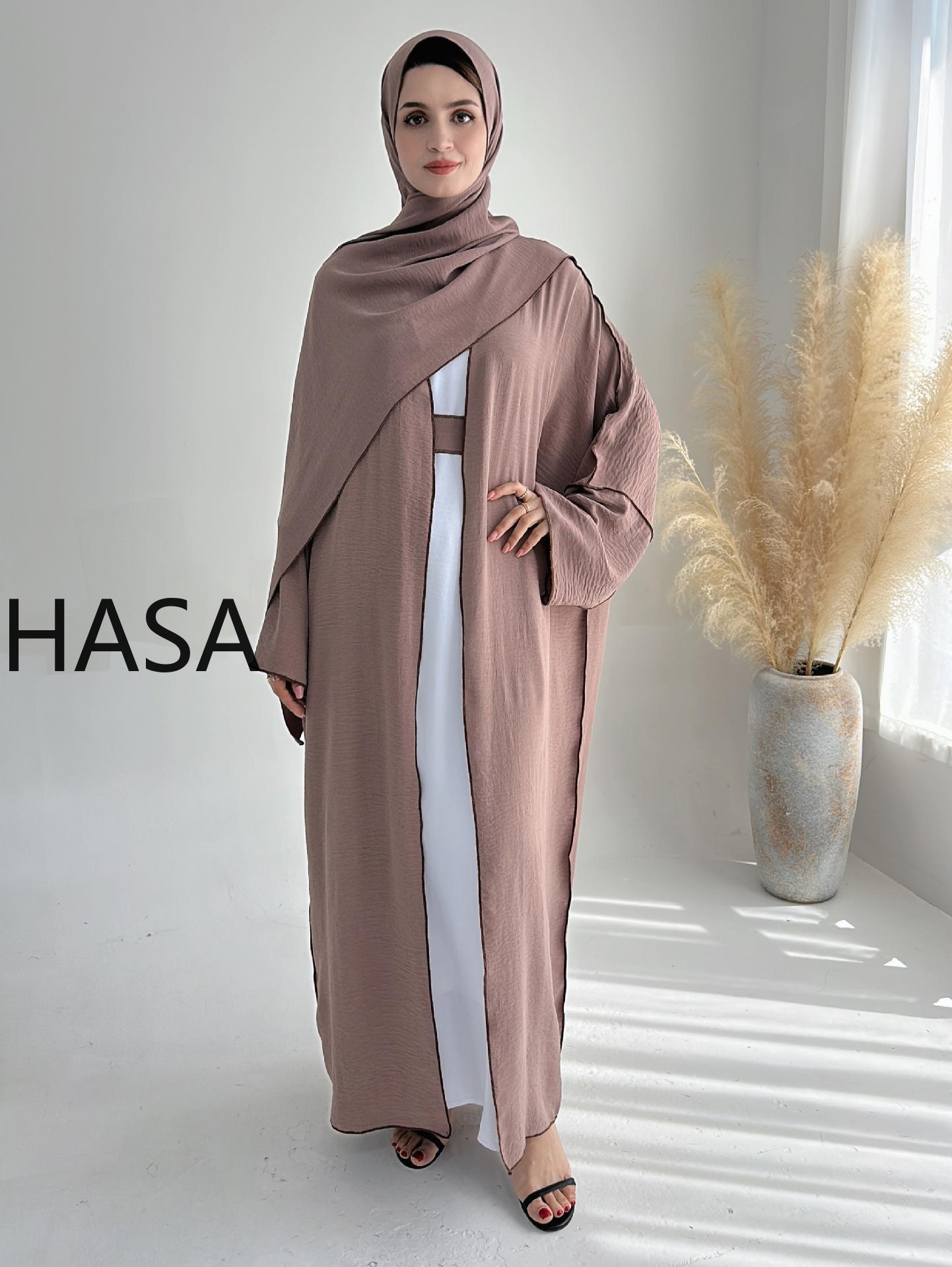 LMSA LM1246H 2 PCS SET Crepe Solid Color Loose Hem Cardigan Robe with Hijab