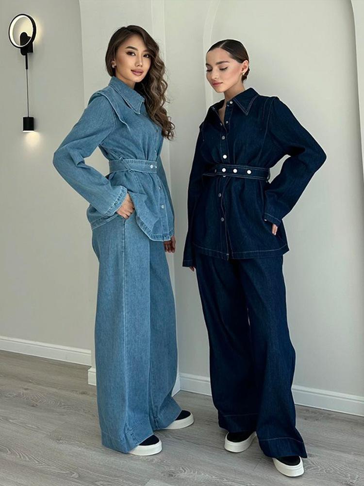 LM5890 Completo in Denim Lavato Primaverile Per Donne Con Cintura, Giacca Monopetto A Maniche Lunghe E Pantaloni A Vita Alta