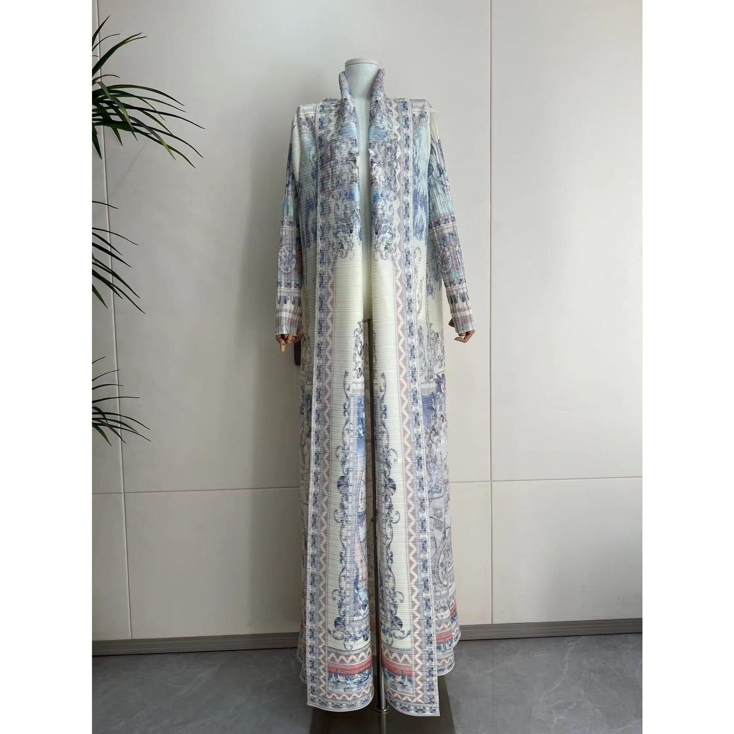 LUMAYA5840 Light-colored, All-over Print, Open-front Long Coat