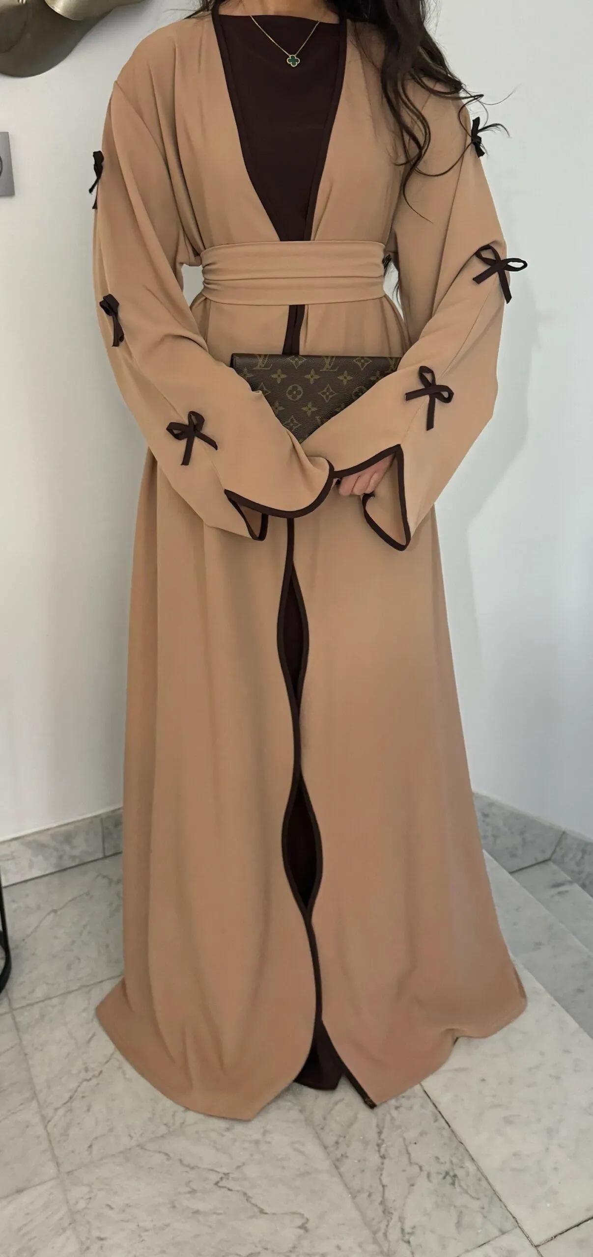 LUMAYA5883  A Two-piece Robe and Skirt Set with A Soft Bow and A Belt Design open abaya outfit