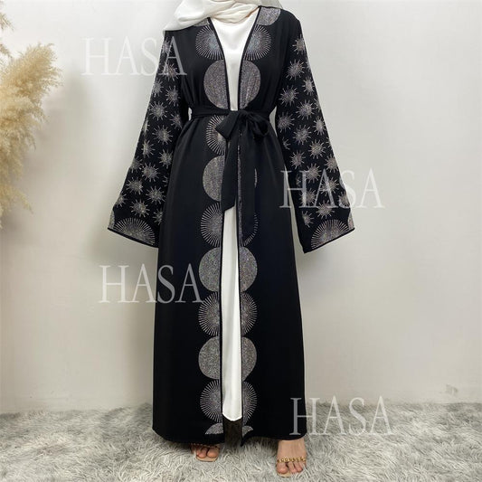 LM6588 Black Cardigan Dress with Rhinestone Embellishment and Pockets